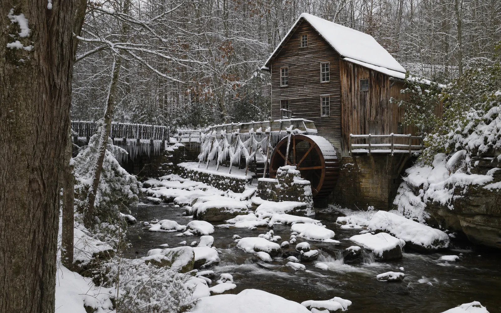 The Glade Creek Grist Mill in winter snow, the weathered wooden mill, its water wheel and flume with icicles, the creek dark between snowy rocks, AI-generated illustration