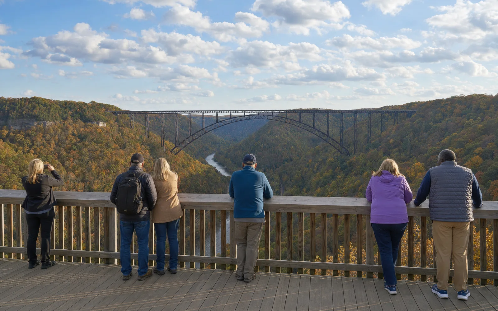 Adults at the timber railing of the Canyon Rim upper overlook deck, with the New River Gorge Bridge in full view across the gorge, AI-generated illustration