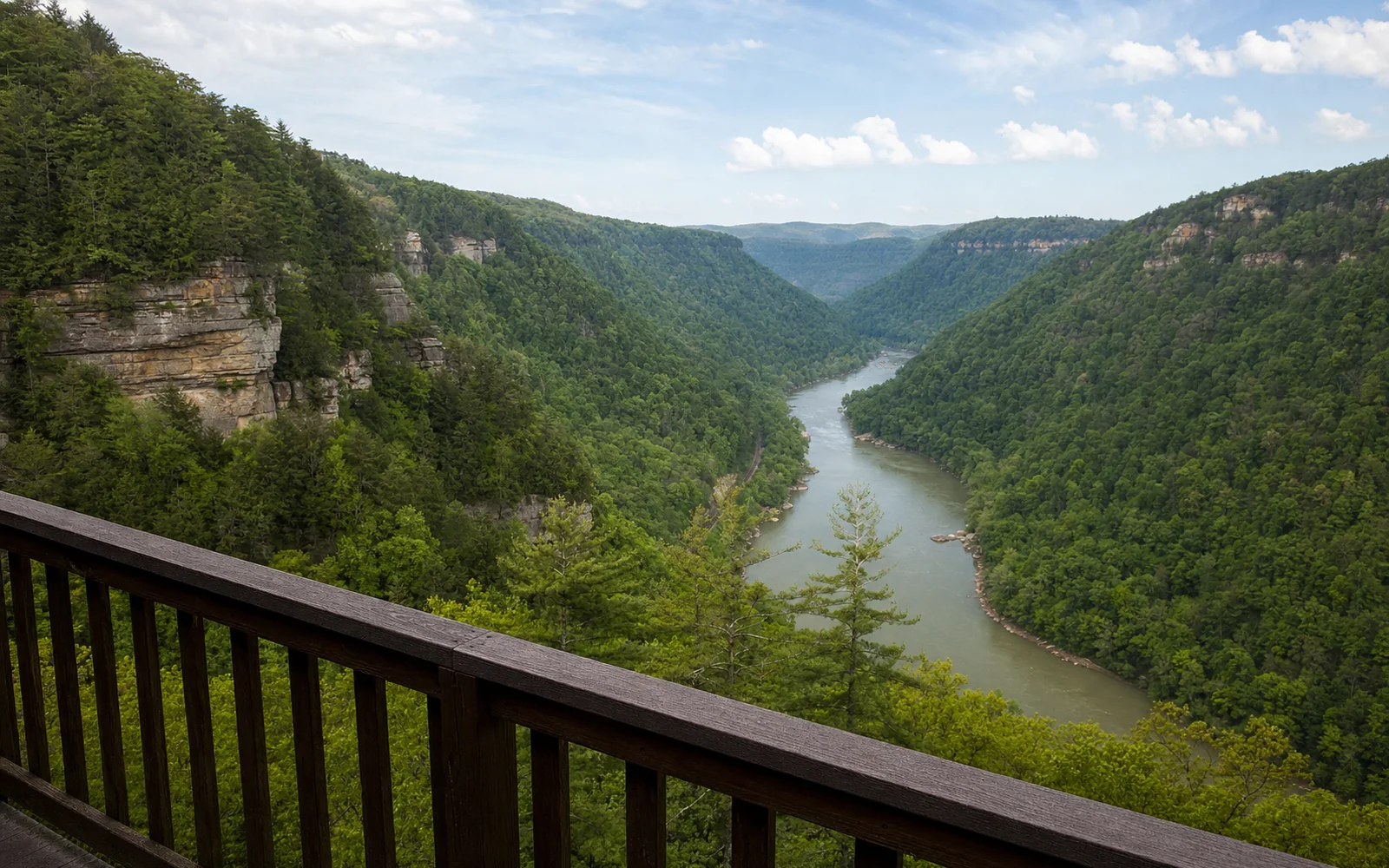 The view south from the Canyon Rim Visitor Center's back deck into New River Gorge, forested walls falling to the river as it bends out of sight, with no bridge in the frame, AI-generated illustration