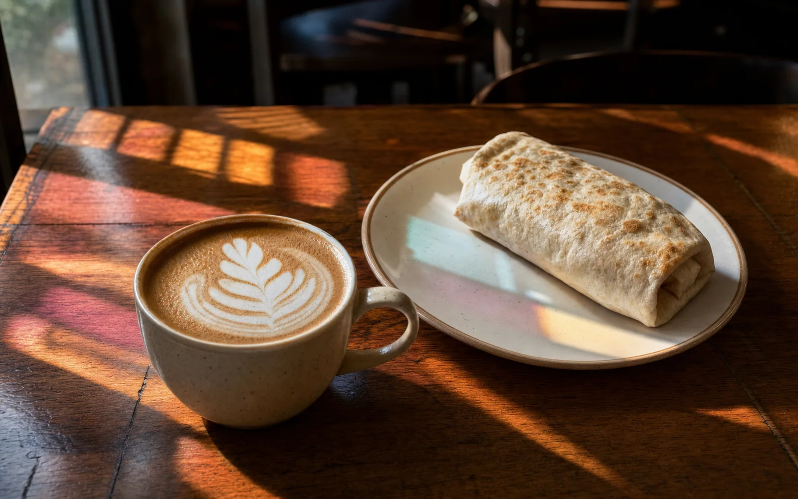 A latte with foam art and a breakfast burrito on a wooden table in warm morning light, a stained-glass colored glow on the table, AI-generated illustration