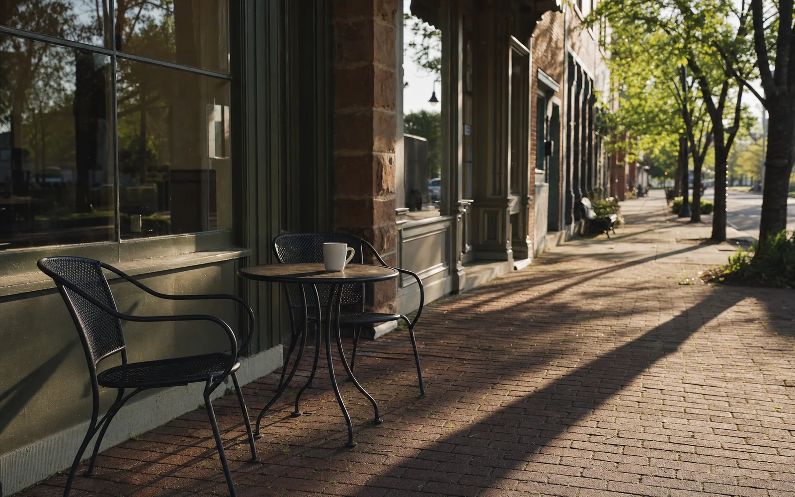 A bistro table with two chairs and a coffee cup on a brick sidewalk of a small-town street in early morning, storefront windows behind, AI-generated illustration