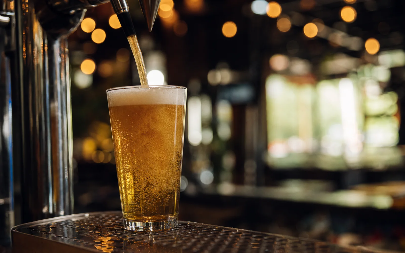 Beer being poured from a tap into a pint glass, taproom lights blurred behind, AI-generated illustration