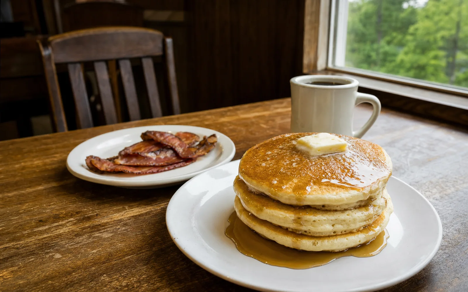 A stack of buttermilk pancakes with butter and syrup, strips of bacon and a mug of black coffee on a wooden table, AI-generated illustration