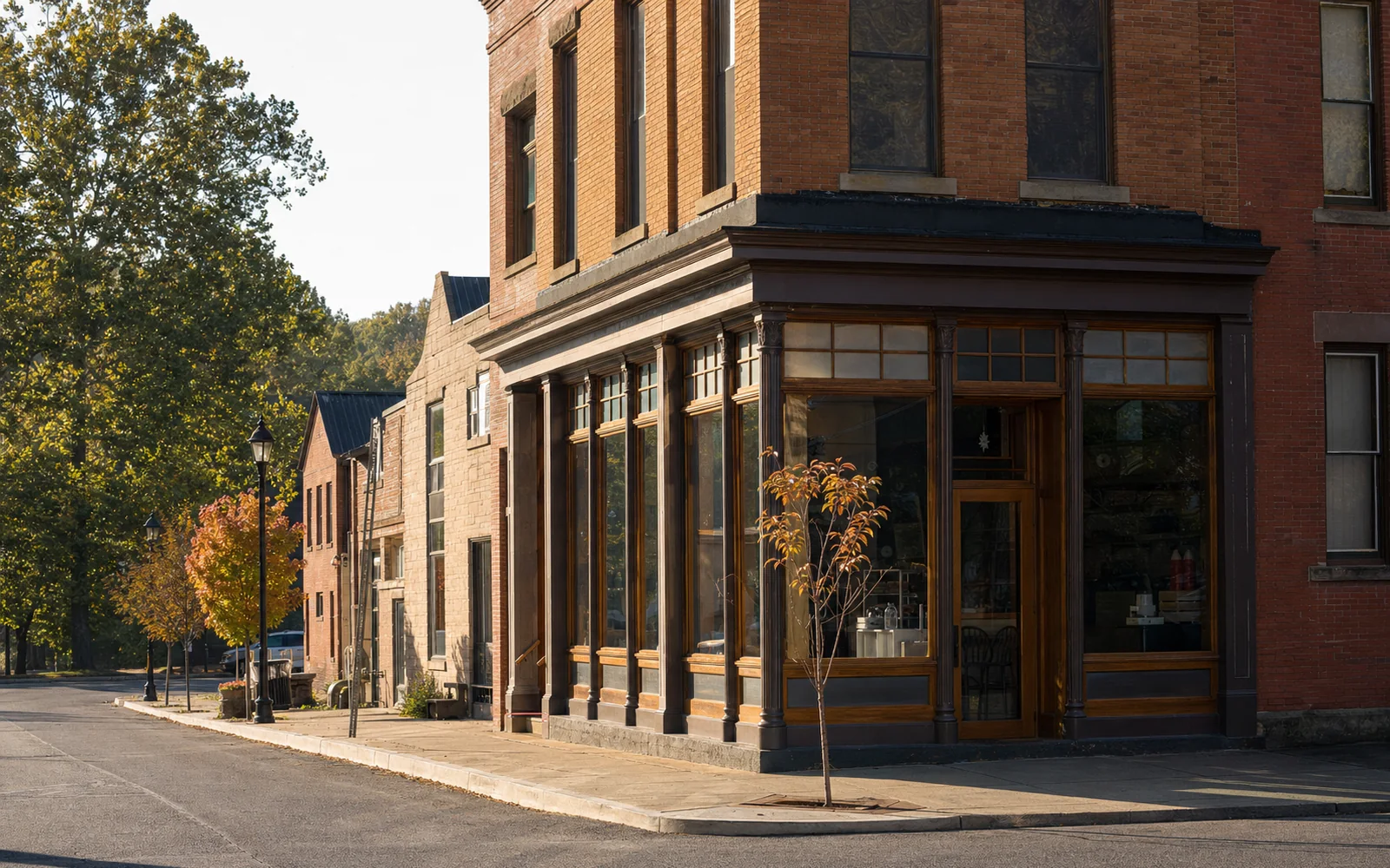 A brick corner storefront with tall wood-framed windows on a quiet small-town street at breakfast hour, AI-generated illustration