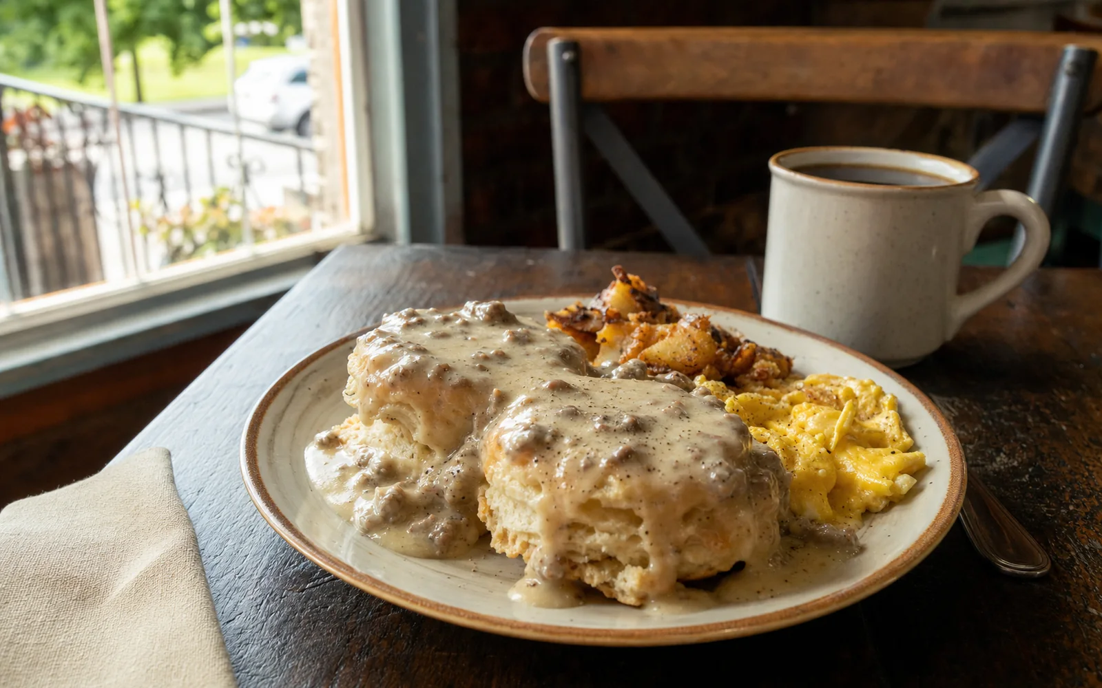 A plate of biscuits and gravy on a table by a window that looks out onto a porch and a small-town street, AI-generated illustration