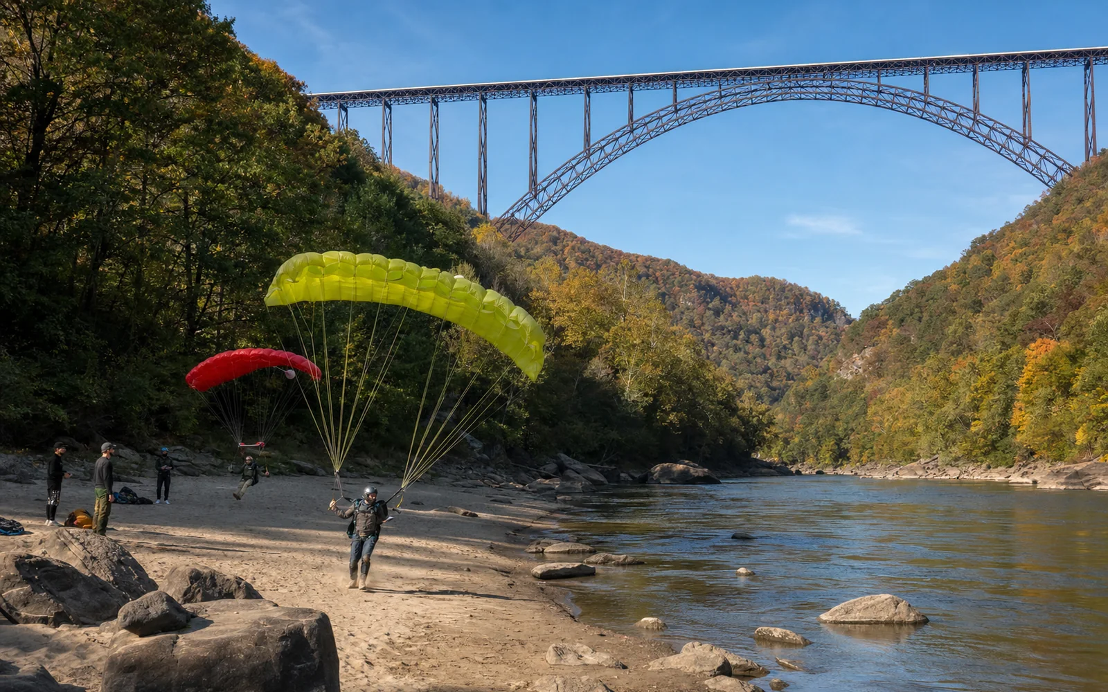 Two bright parachute canopies drifting down toward the river beach at Fayette Station, the New River Gorge Bridge high above, fall color on the walls, AI-generated illustration