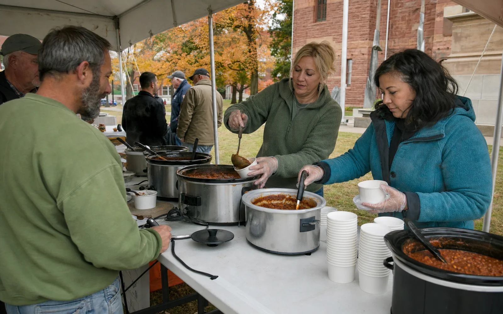 A long folding table under a white tent crowded with slow cookers of chili, two adult volunteers ladling bowls, paper cups, AI-generated illustration