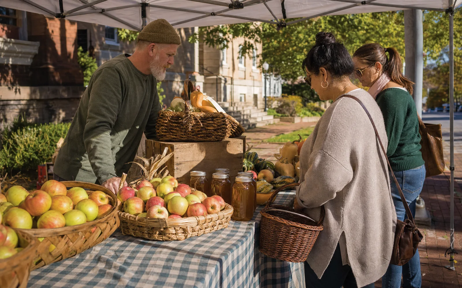 A farmers market stall under a canopy on a brick sidewalk with baskets of apples, squash and jars of honey, two adult shoppers browsing, AI-generated illustration