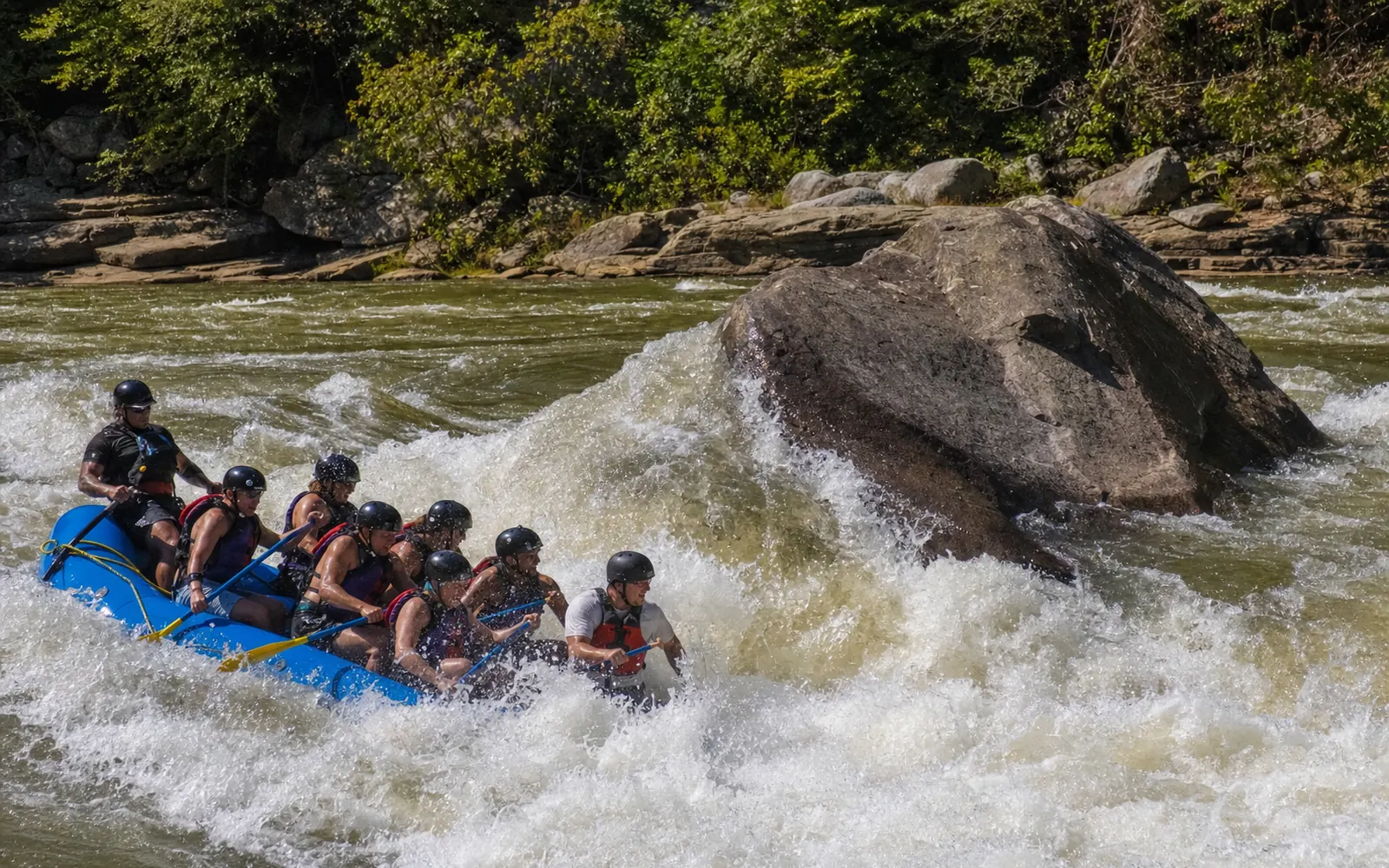 A raft of adults hitting the big pillow of water piled against a huge boulder at Pillow Rock rapid on the Upper Gauley, AI-generated illustration
