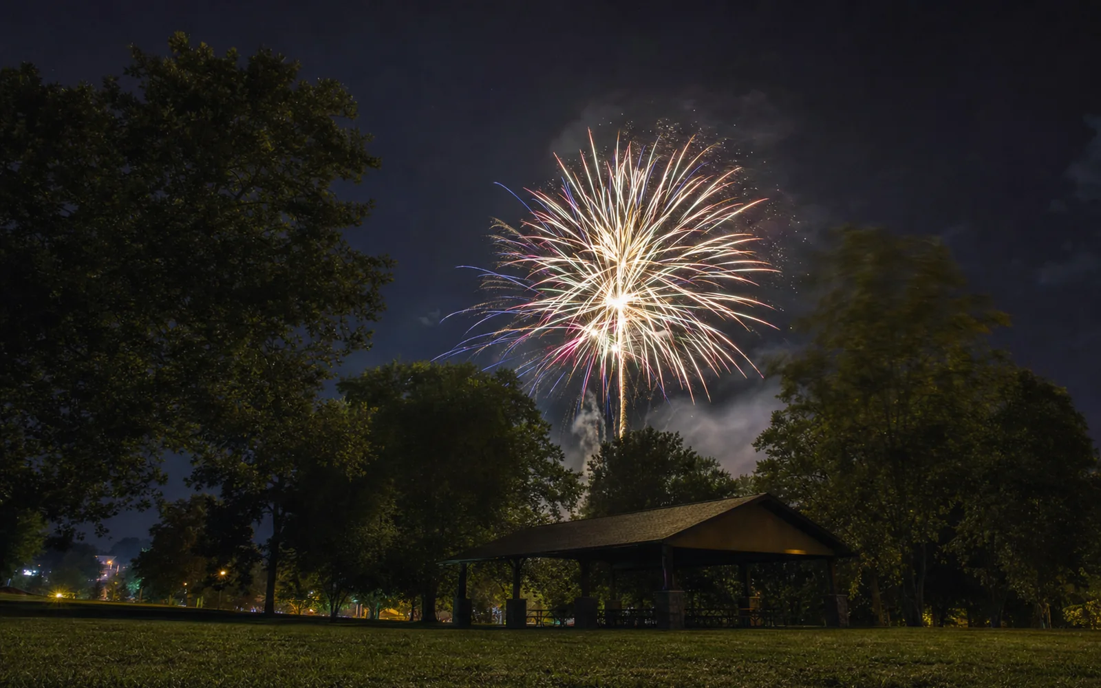 Fireworks bursting over a small-town park at night, silhouettes of trees and a pavilion roof, AI-generated illustration