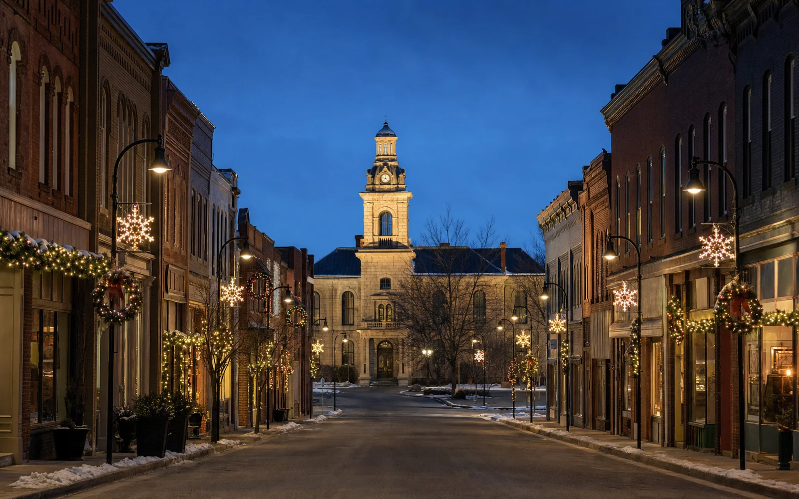 Court Street in December at dusk, two-story brick storefronts with holiday lights and wreaths, the sandstone courthouse tower lit at the end of the block, AI-generated illustration