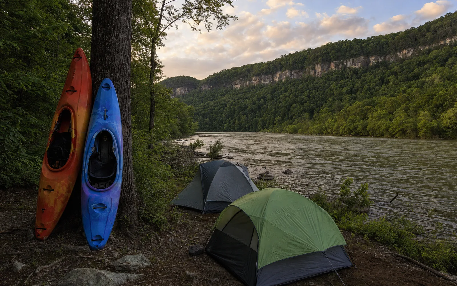 A riverside campground with whitewater kayaks leaning against trees and a few tents, the river beyond, AI-generated illustration