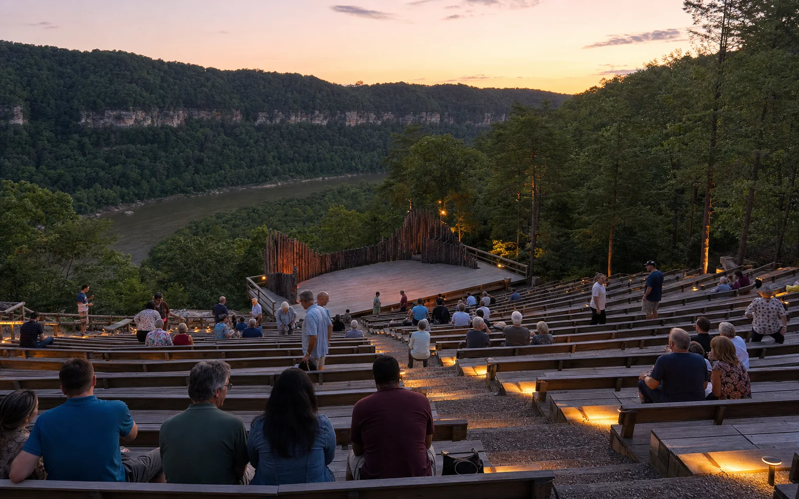 Adults settling onto tiered wooden benches of an outdoor amphitheatre at dusk, with a log-palisade stage below and the New River bending through the forested gorge beyond, AI-generated illustration