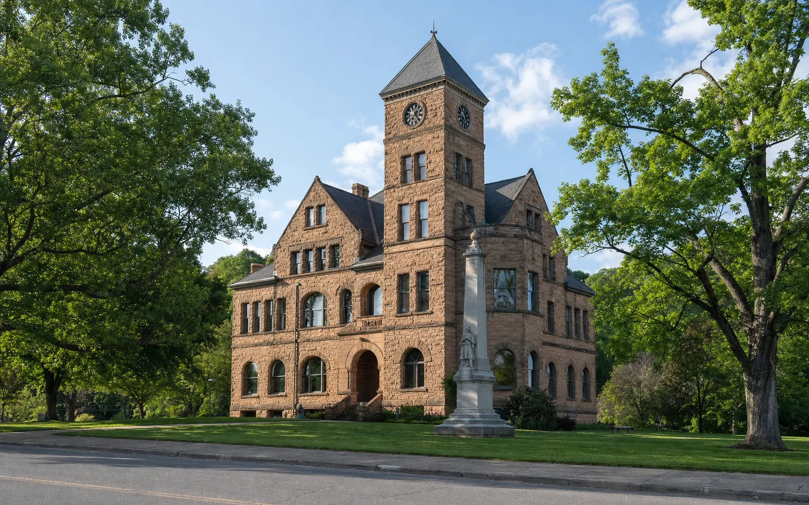 The sandstone Fayette County Courthouse with its clock tower and a small stone monument on the lawn, framed by mature trees along an empty street, AI-generated illustration