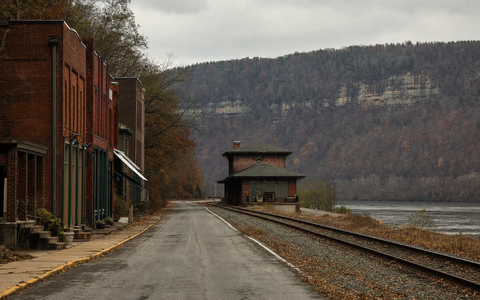 Thurmond's brick commercial row and the restored depot standing right beside the railroad main line, with the New River beyond and the street empty, AI-generated illustration