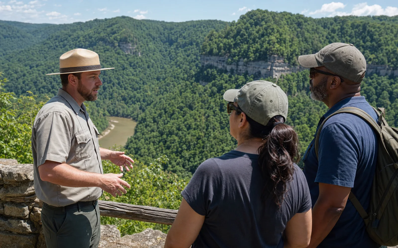 An adult park ranger in a flat hat at an overlook speaking to two adult visitors, the gorge behind, AI-generated illustration