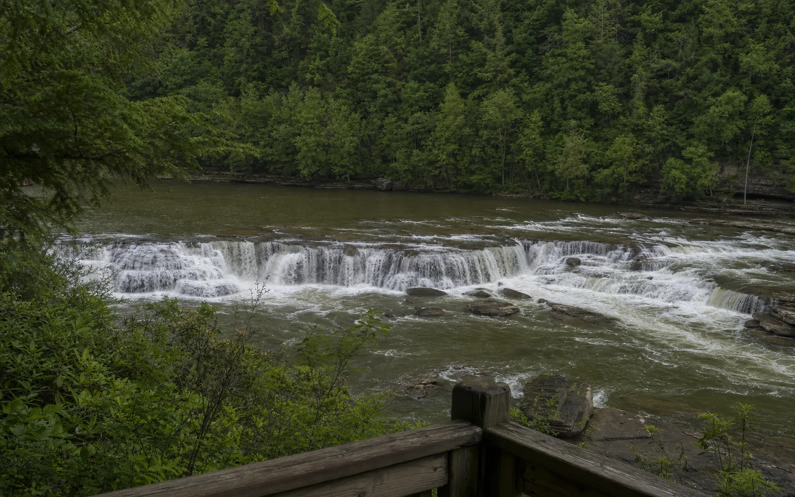 Brooks Falls, a wide low ledge across the New River seen from a timber viewing deck, wooded banks, AI-generated illustration