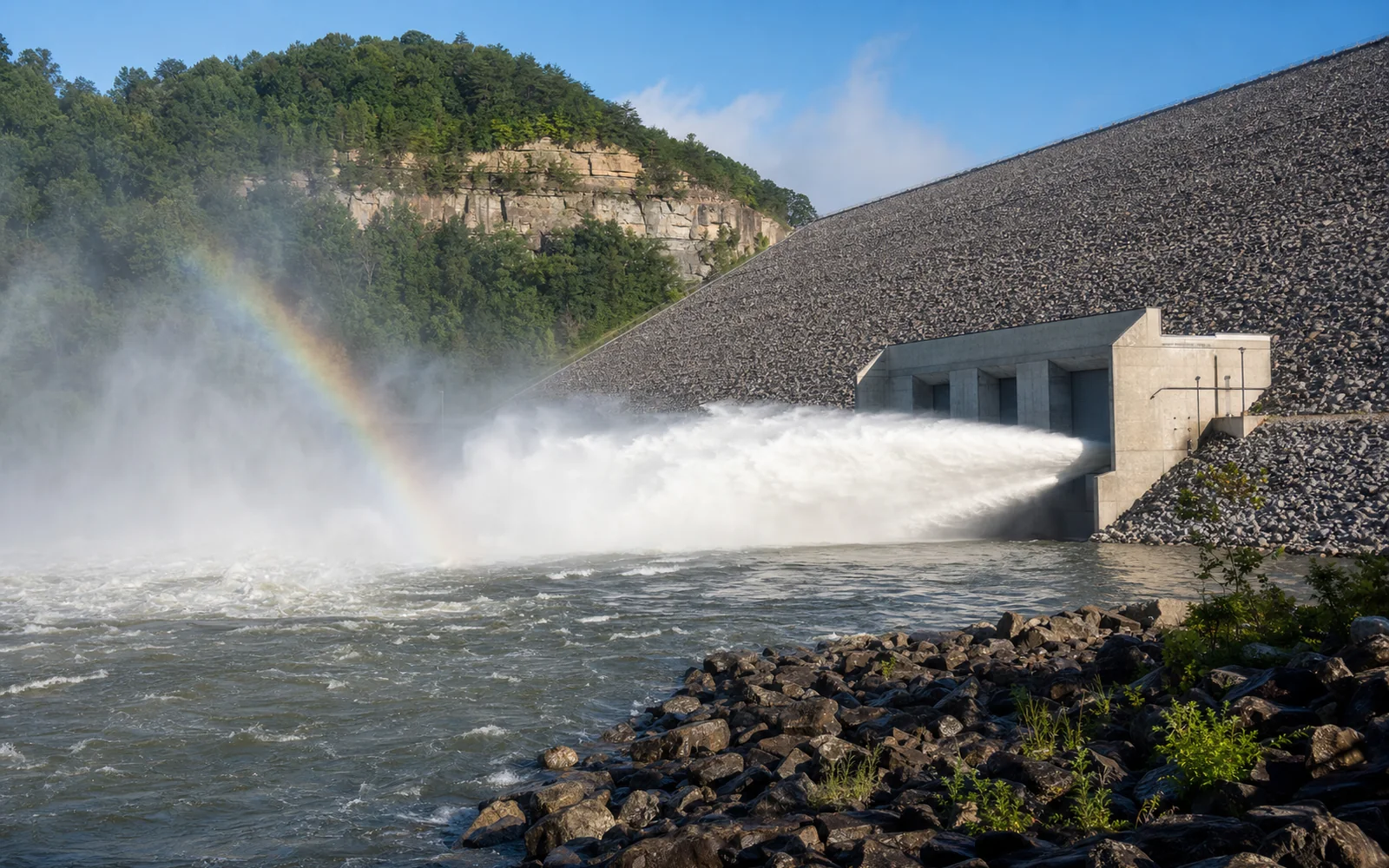 Summersville Dam's rock embankment with jets of white water blasting from the outlet valves into the Gauley tailwaters, a rainbow in the mist, AI-generated illustration