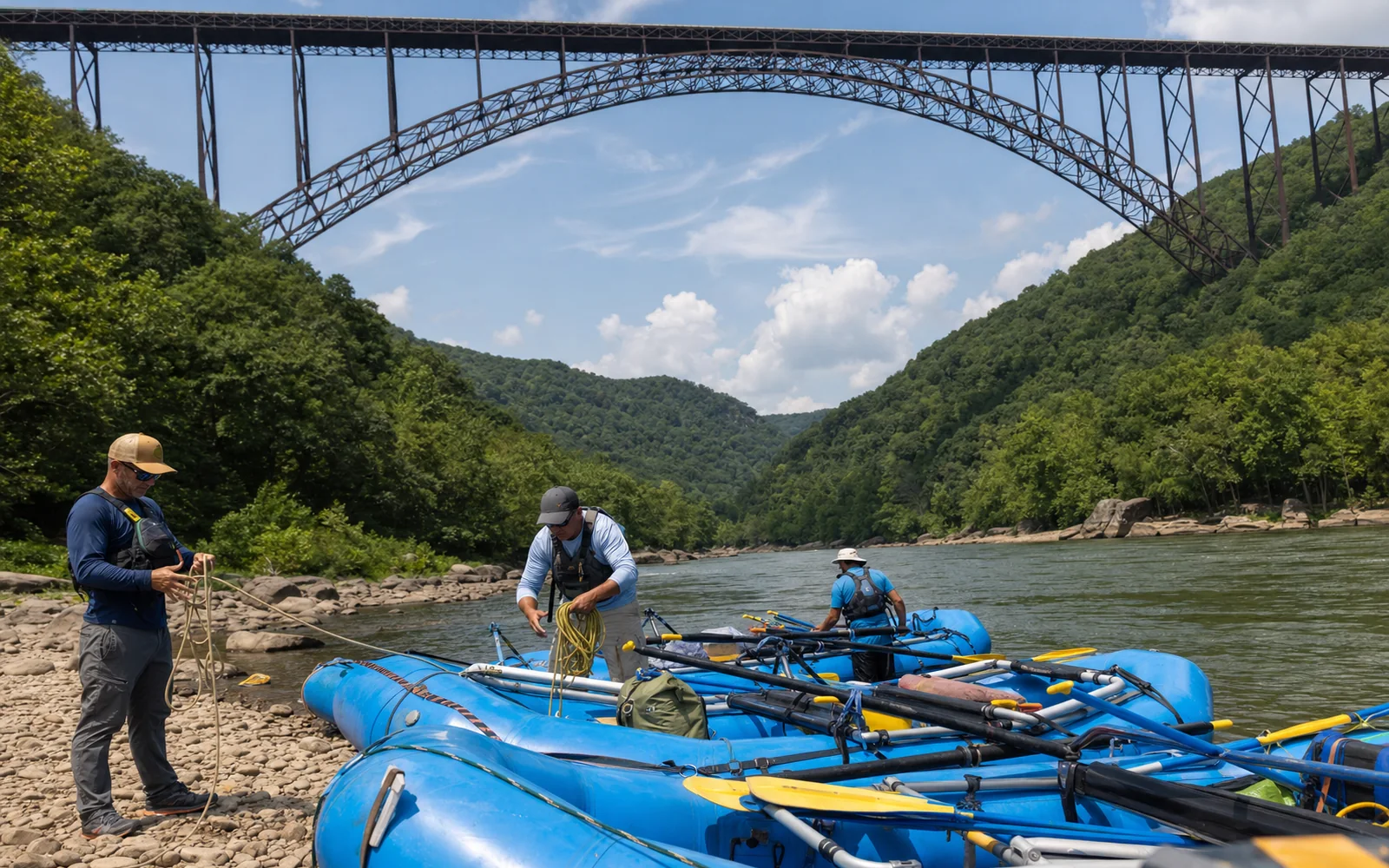 Guides coil ropes beside a row of blue rafts pulled up on a rocky beach, with the New River flowing past and the New River Gorge Bridge arch overhead, AI-generated illustration