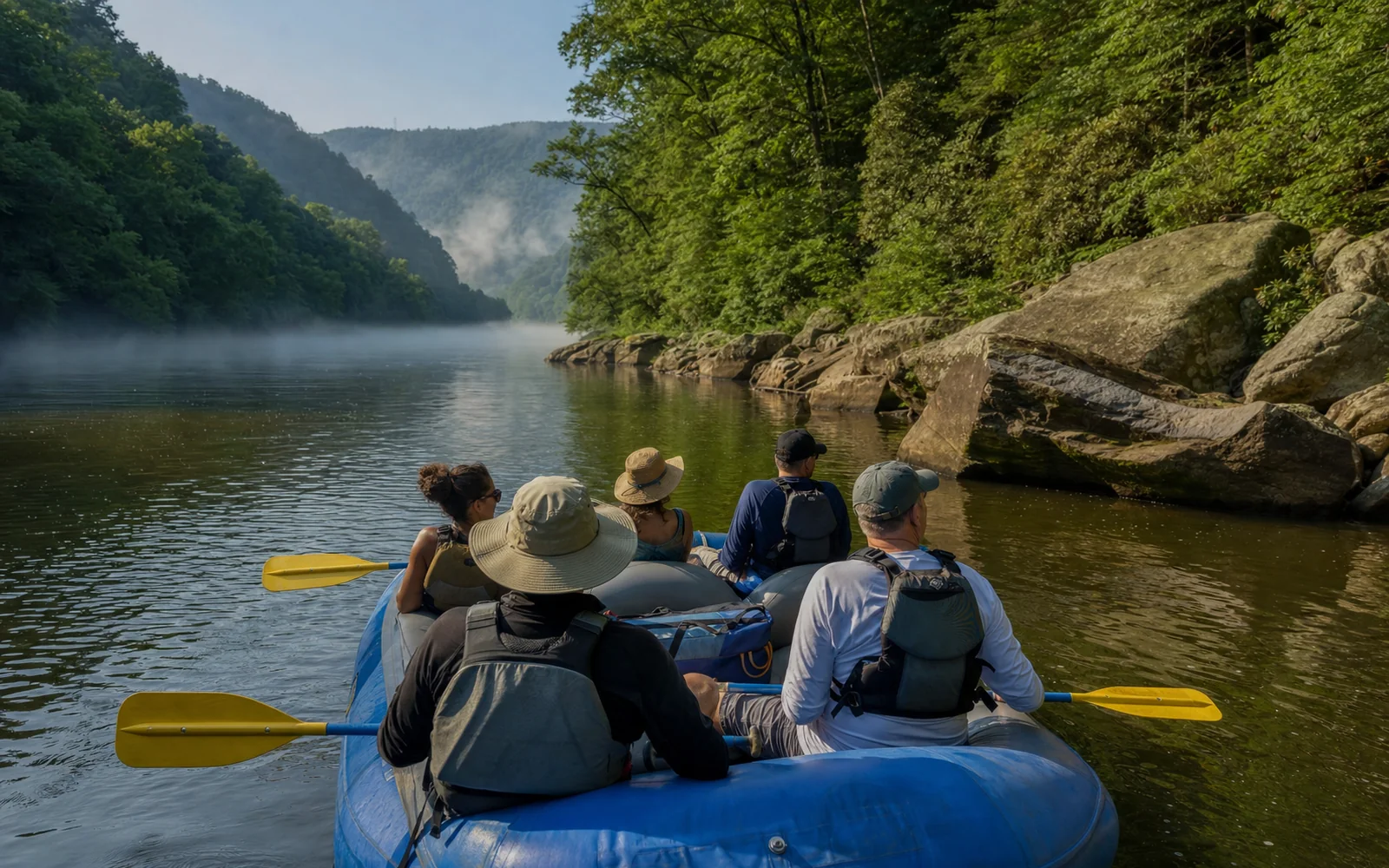 A raft of adults drifting a calm, wide pool on the Upper New River, paddles across their laps, sandstone boulders along the bank and gentle forested hills, AI-generated illustration