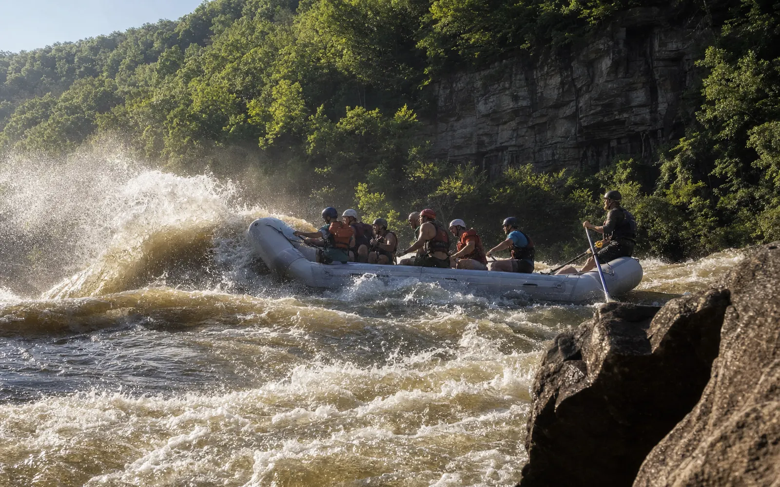 A raft of adults climbing a huge brown standing wave in the Keeneys rapids on the Lower New River, a guide at the stern, gorge walls behind, AI-generated illustration