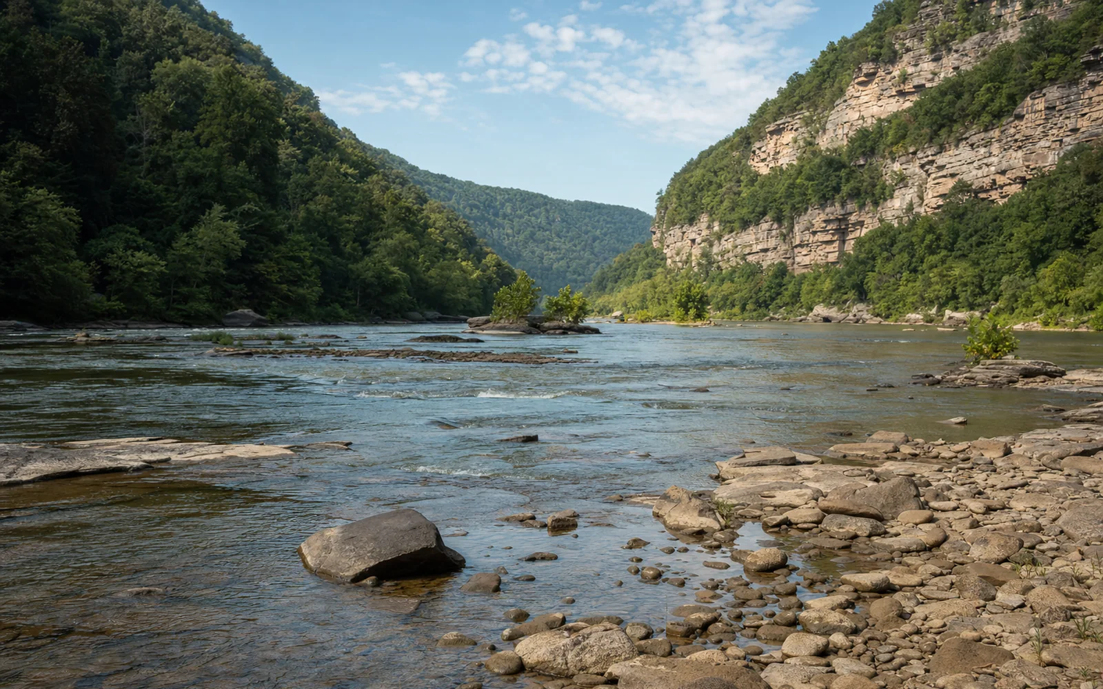 The broad Upper New River near Thurmond at low summer flow, shallow riffles over flat sandstone ledges and small wooded islands below forested gorge walls, AI-generated illustration