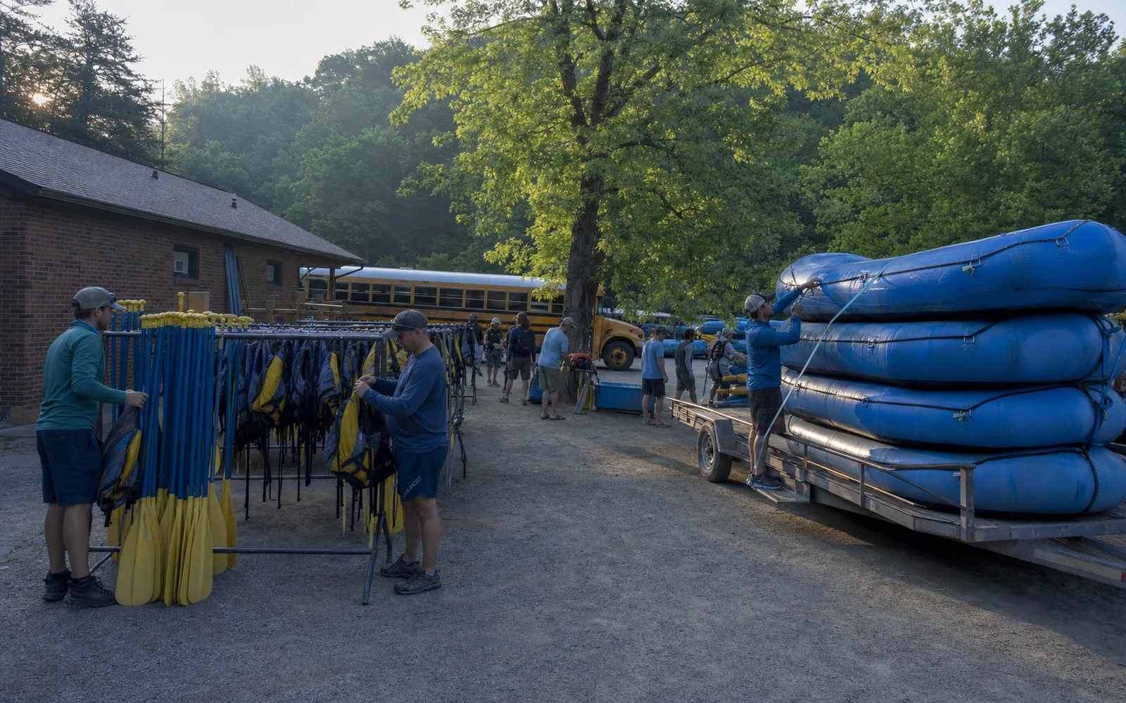 An outfitter's gravel staging yard at dawn, with paddles and life jackets hanging on racks, blue rafts stacked on a trailer, a yellow school bus and adults gearing up beside a brick building, AI-generated illustration