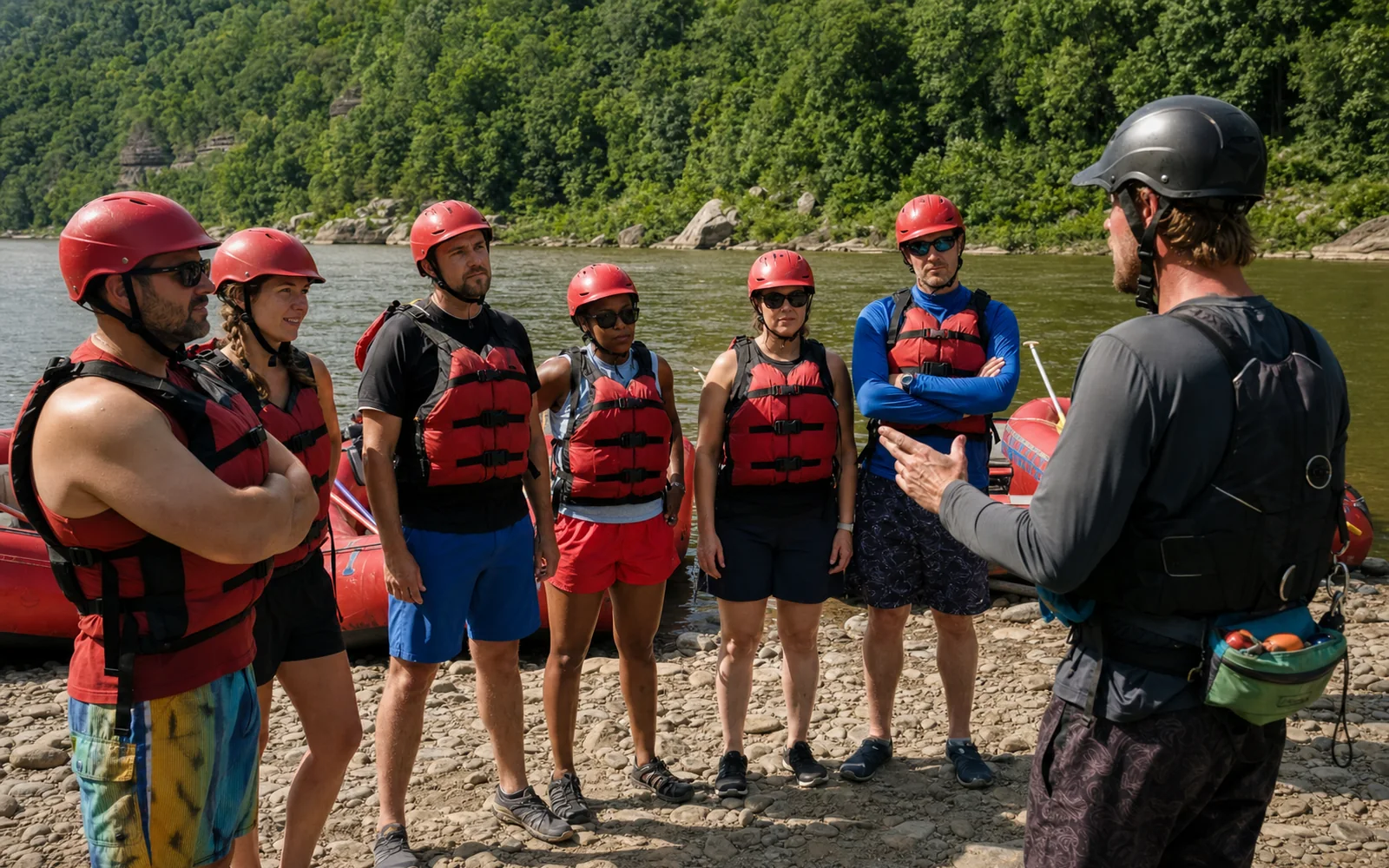 An adult raft guide giving a safety talk to a group of six adult guests in helmets and life jackets on a river beach, rafts behind, AI-generated illustration