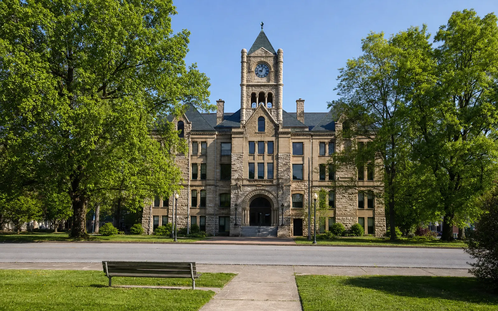 The sandstone Fayette County Courthouse with its clock tower, seen across Court Street on a quiet morning with mature trees and a bench in front, AI-generated illustration