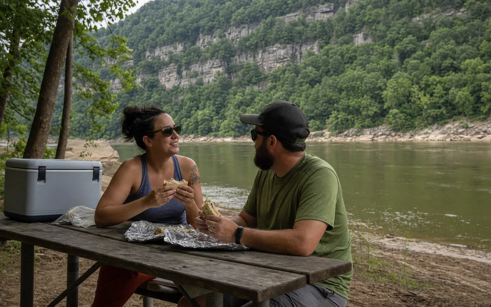 Two adults picnicking at a riverside picnic table by the New River, a cooler and sandwiches, AI-generated illustration