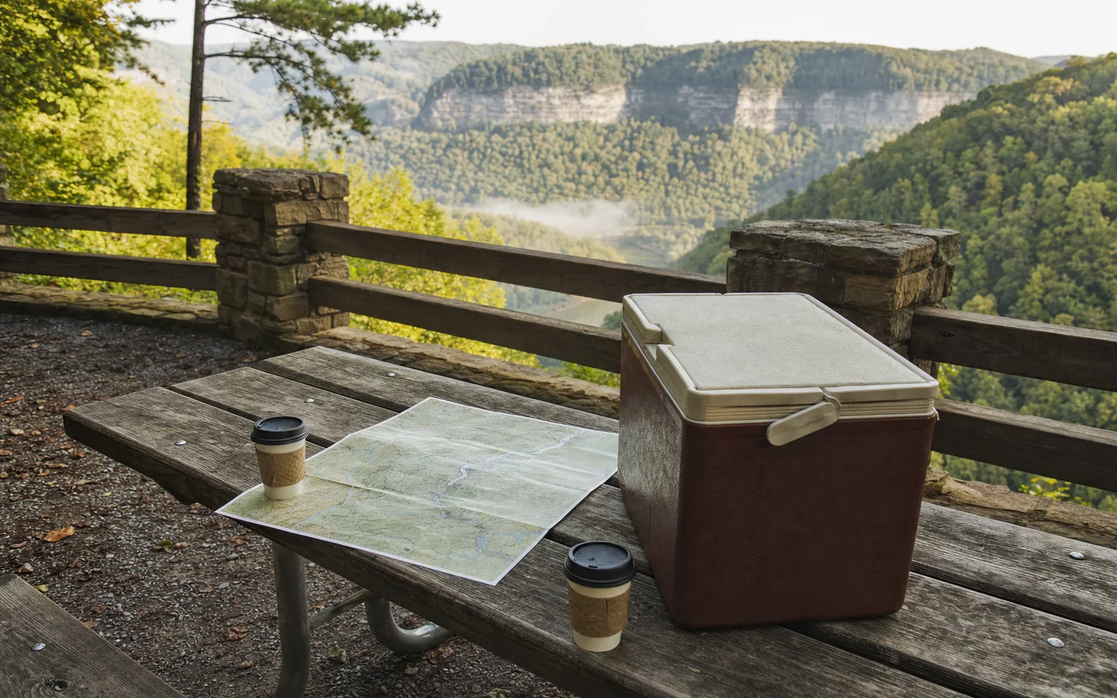 A weathered picnic table at a stone-and-timber overlook railing with a cooler, a folded topographic map and two paper coffee cups, above a forested gorge with sandstone cliffs and morning mist, AI-generated illustration