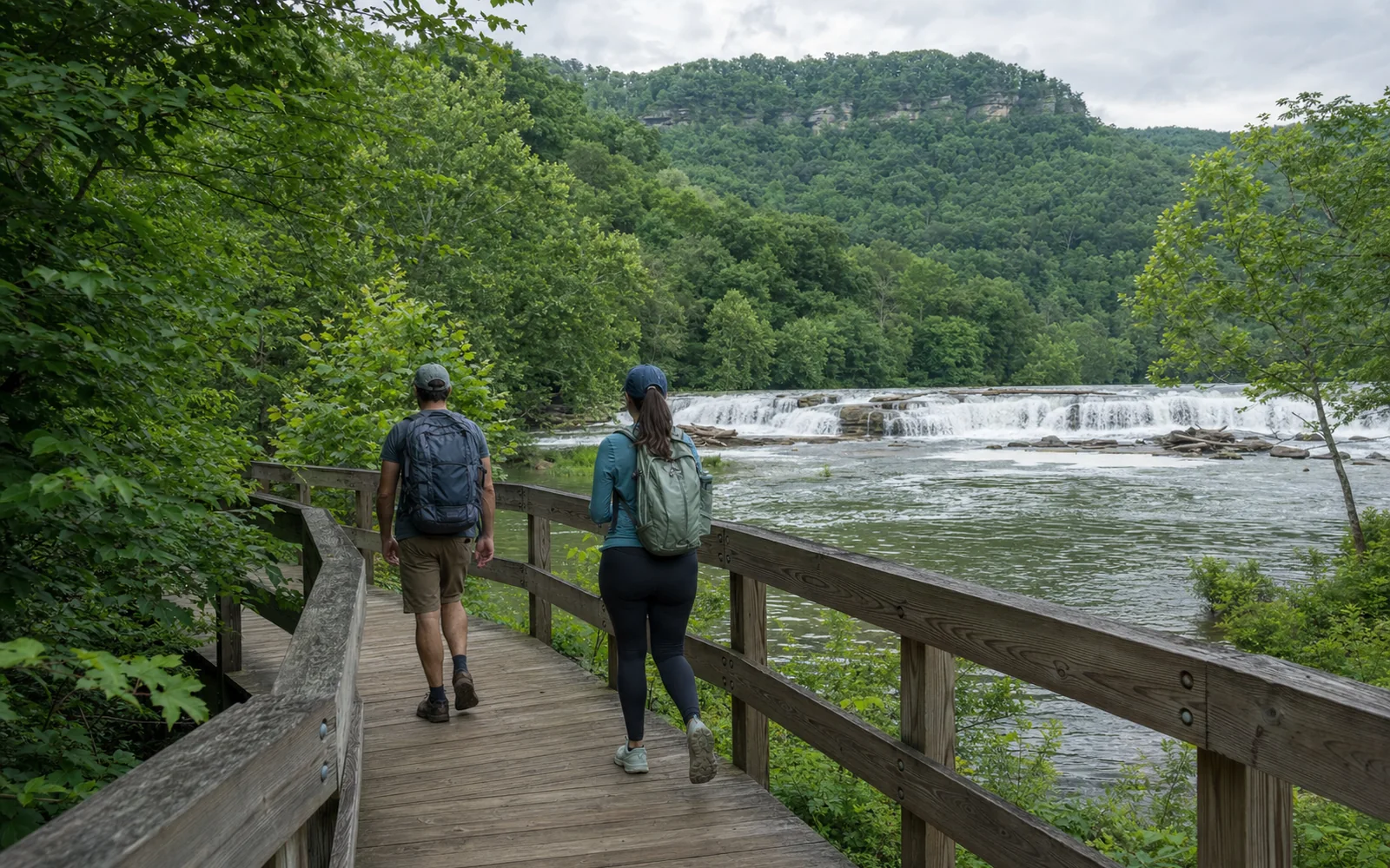 Two adults walking the timber boardwalk toward Sandstone Falls between wooded islands, AI-generated illustration