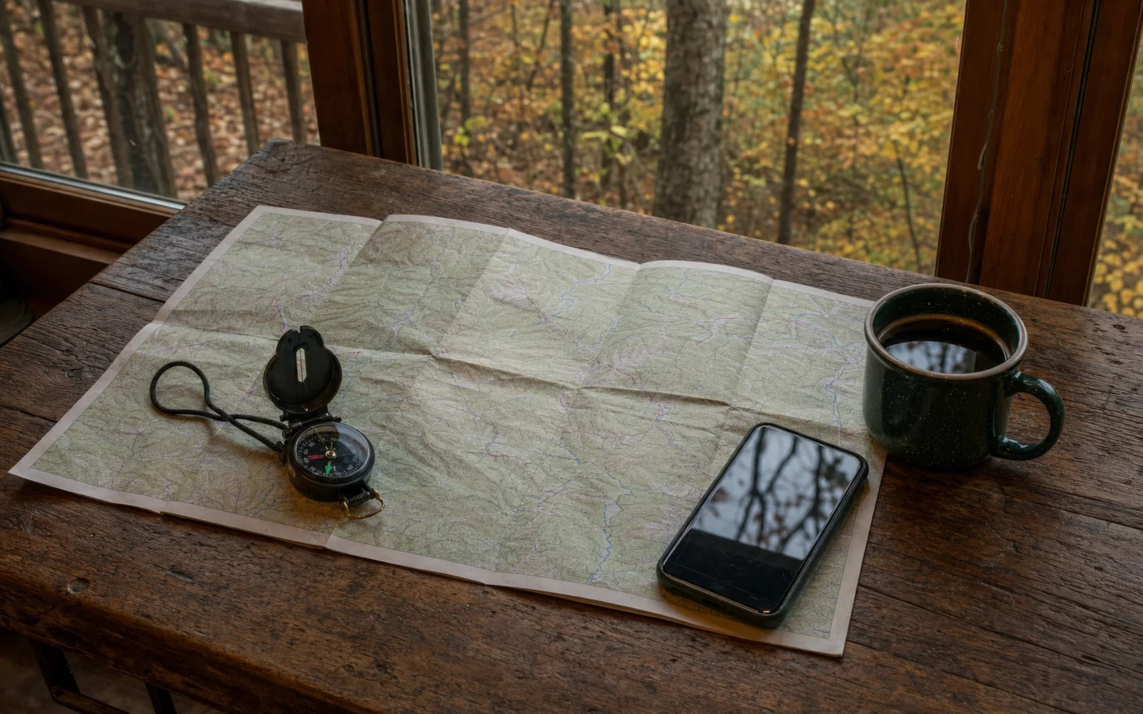 A folded paper trail map, a compass, a phone and a mug of coffee on a rustic cabin table by a window onto autumn woods, AI-generated illustration