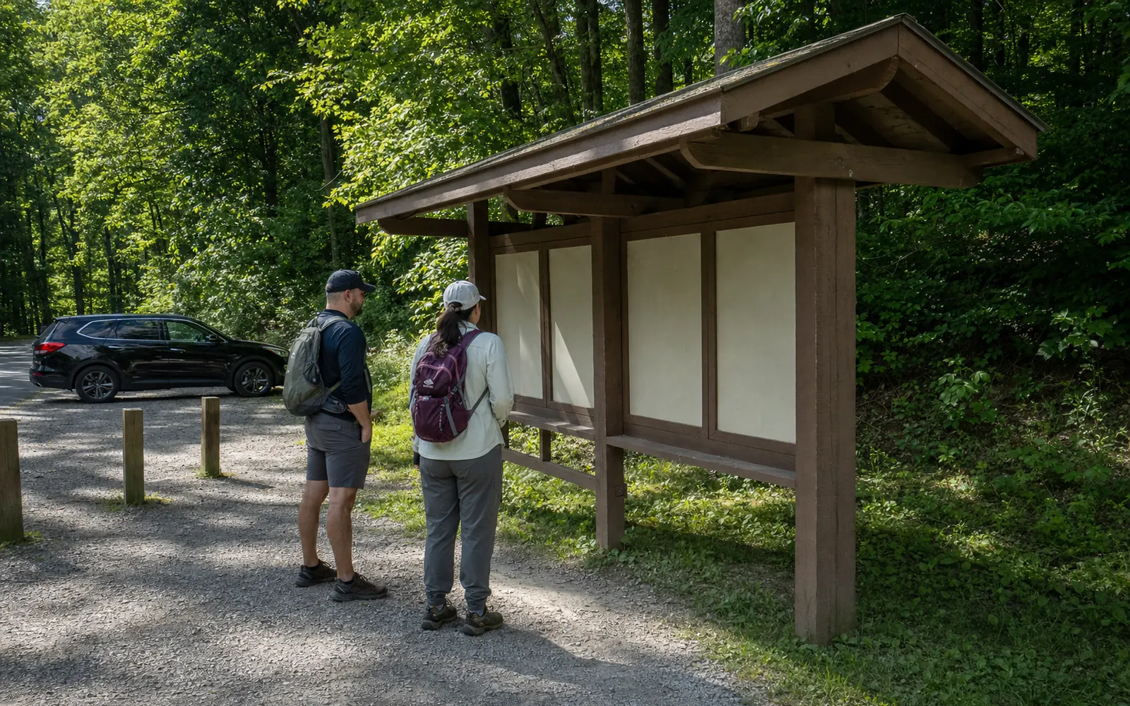 Two adults in their forties studying a timber trailhead kiosk with blank panels at a gravel parking area at the edge of hardwood forest, AI-generated illustration
