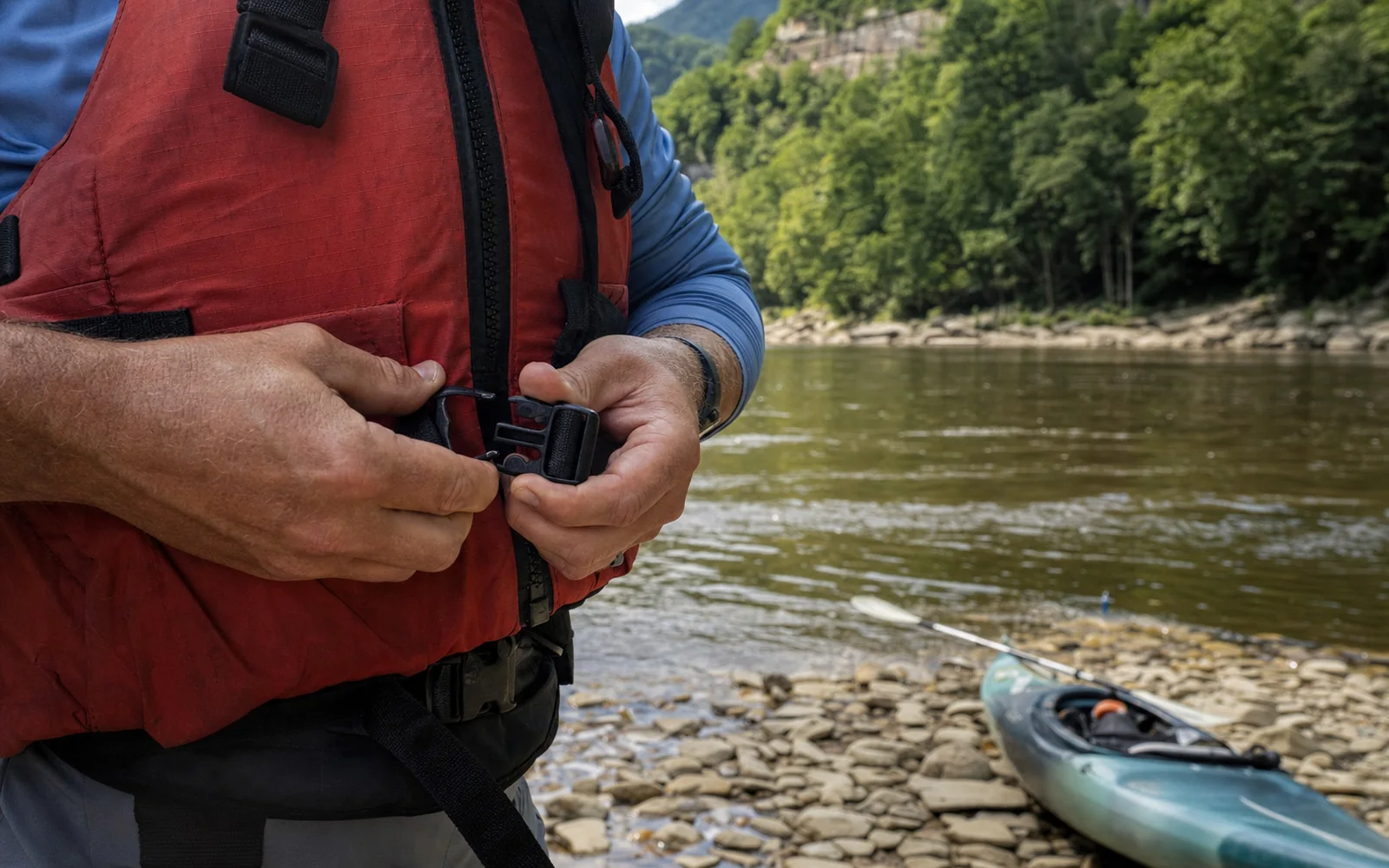 Close view of an adult's hands fastening the buckles of a life jacket at a river put-in, the river behind, AI-generated illustration