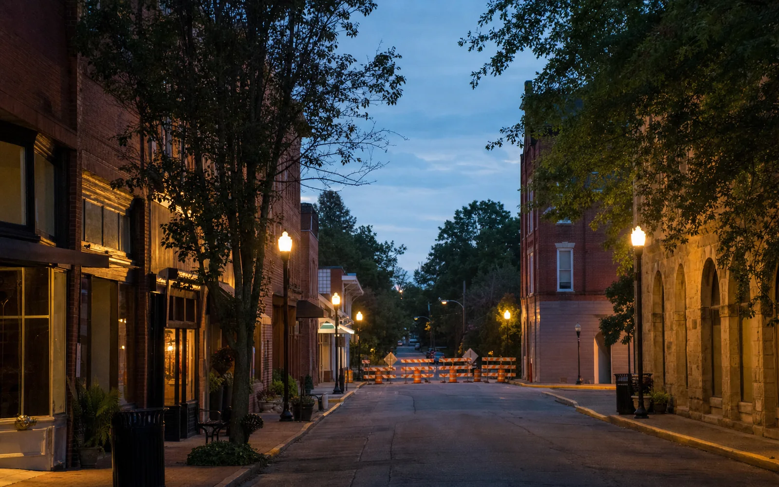 Court Street in Fayetteville at dusk in late summer, storefronts lit and a road-work barricade with cones at the end of the block, AI-generated illustration