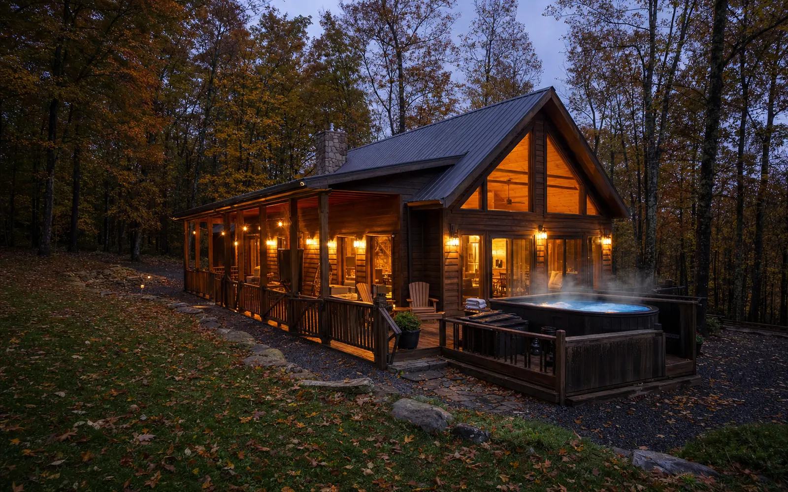 A timber cabin with a steaming hot tub on its deck in October woods at dusk, warm lights on inside, fallen leaves, AI-generated illustration