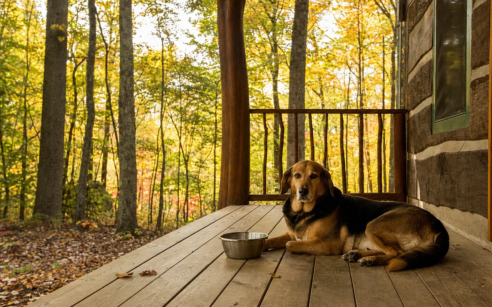 A dog resting on a cabin porch beside a water bowl, fall woods behind, AI-generated illustration