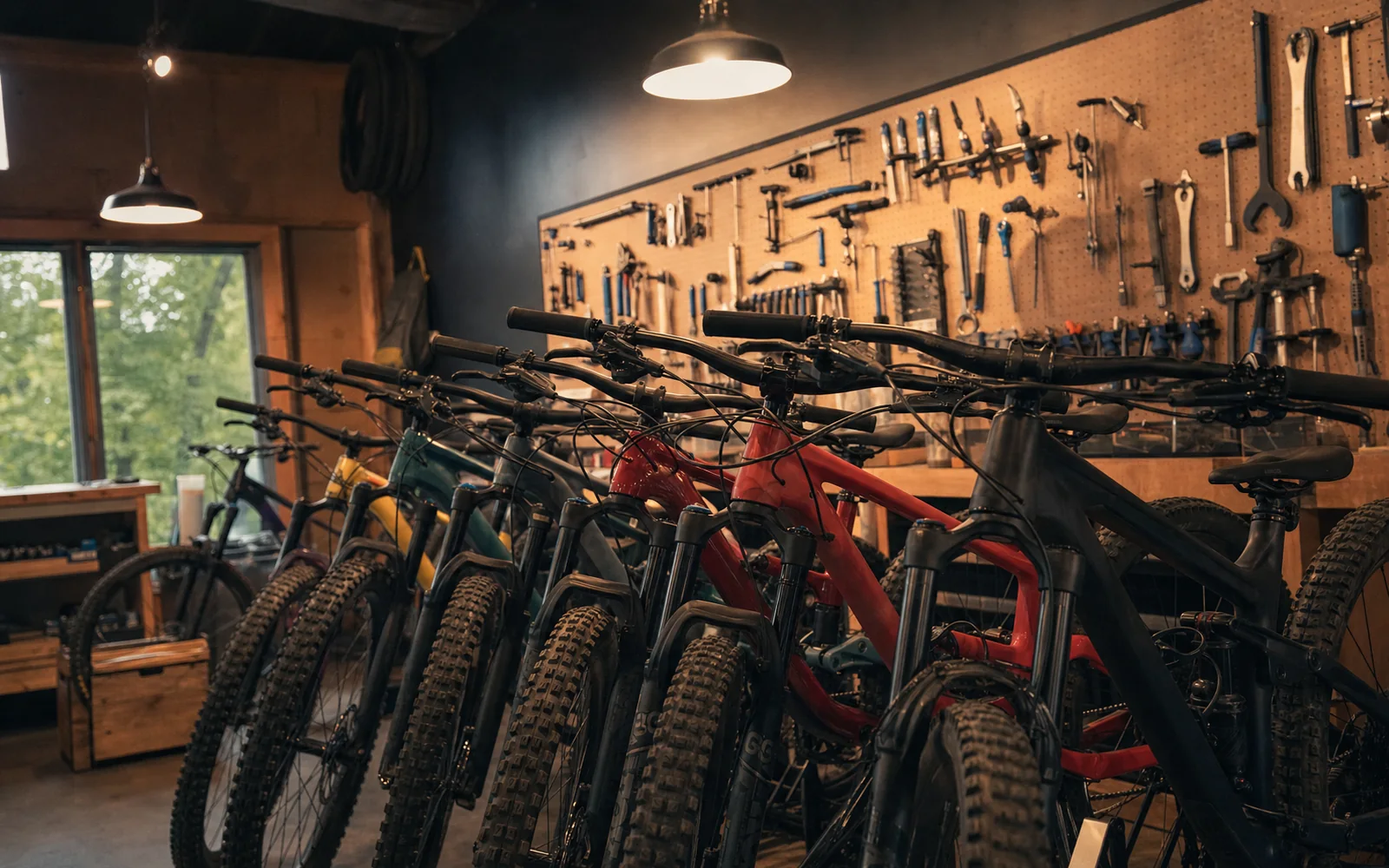 Rows of mountain bikes on a rack inside a bike shop, tools on a pegboard wall, AI-generated illustration