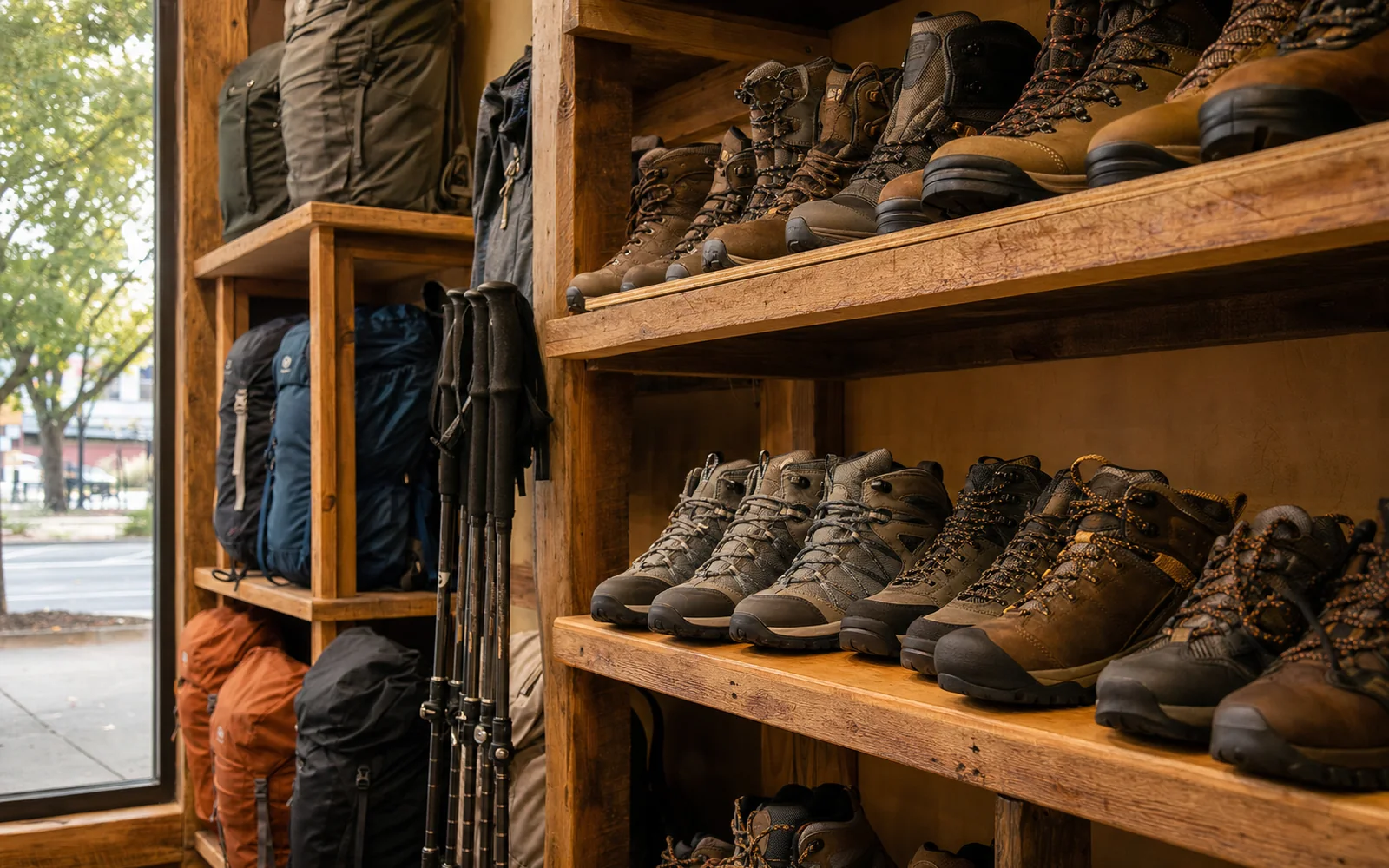 Hiking boots, trekking poles and backpacks on wooden shelves in an outdoor shop, AI-generated illustration