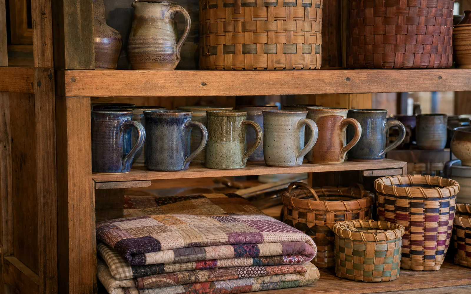 Handmade pottery mugs, woven baskets and a folded quilt on wooden shelves in a craft shop, AI-generated illustration
