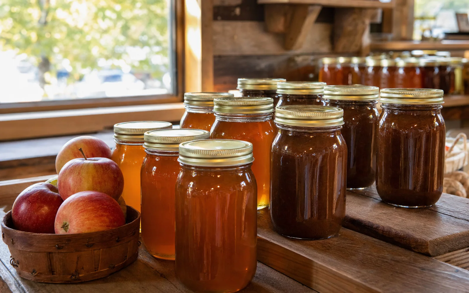 Jars of honey and apple butter lined up on a wooden counter beside a small basket of apples, AI-generated illustration