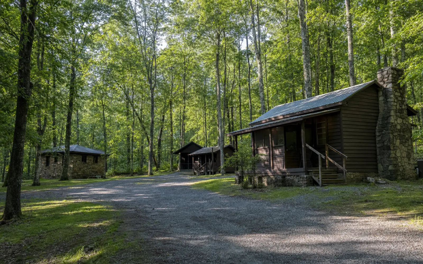 Rustic cabins and a bathhouse along a gravel loop in oak woods, AI-generated illustration