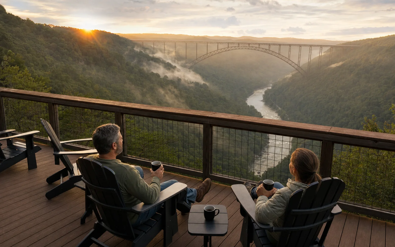 Adults with coffee sit in adirondack chairs on a resort deck high on the gorge rim, looking down the forested river gorge toward a steel arch bridge, AI-generated illustration
