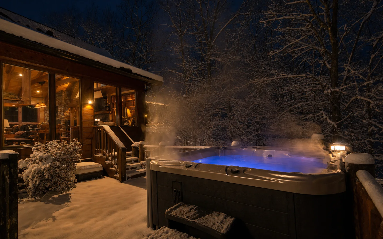 A hot tub steaming on a cabin deck at night in snow, lights glowing inside the cabin, AI-generated illustration