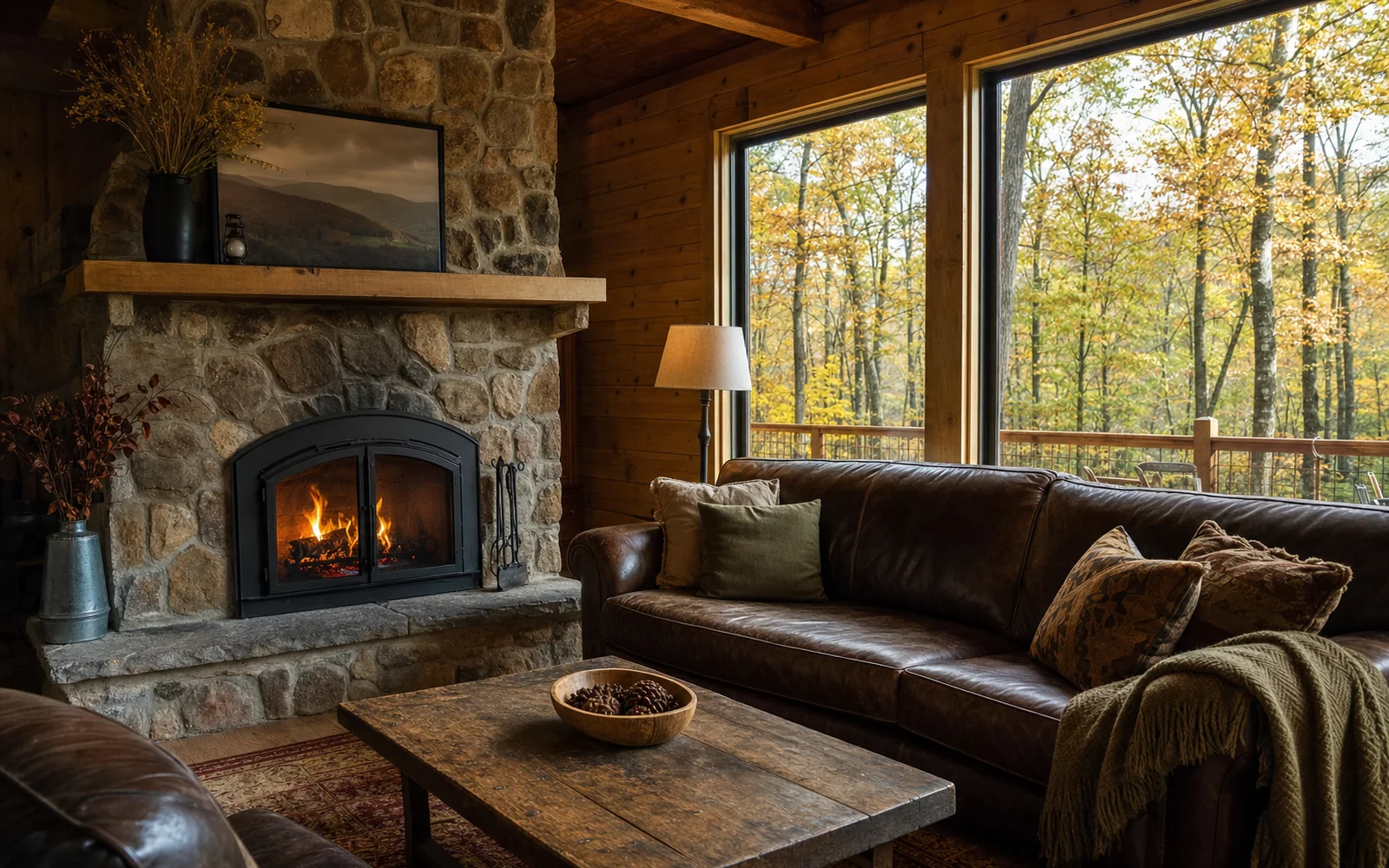A cabin living room with a stone fireplace, leather sofa and big windows onto fall woods, AI-generated illustration