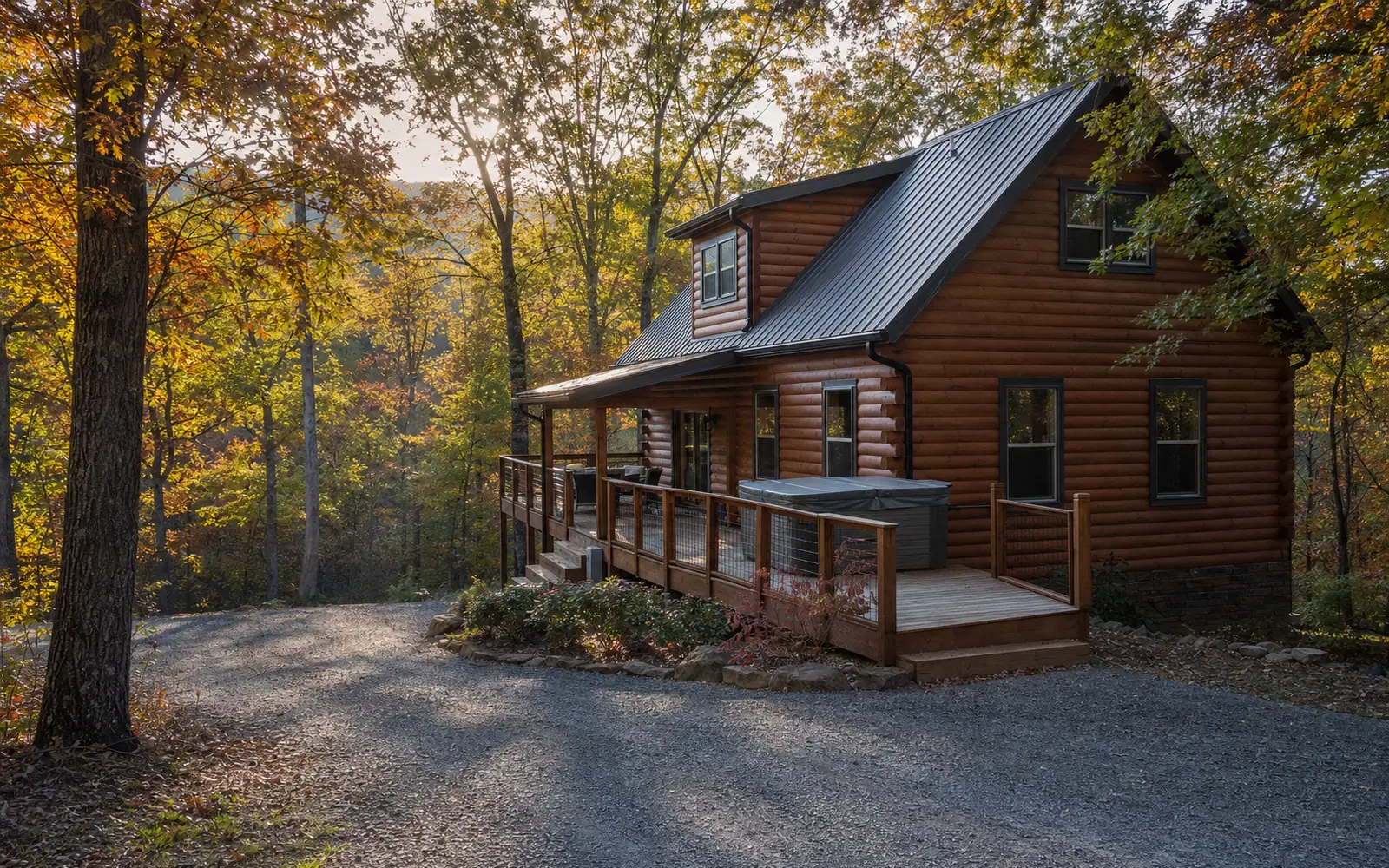 A log cabin with a hot tub on its wooden deck and a gravel drive, set in oak and hickory forest in morning light, AI-generated illustration