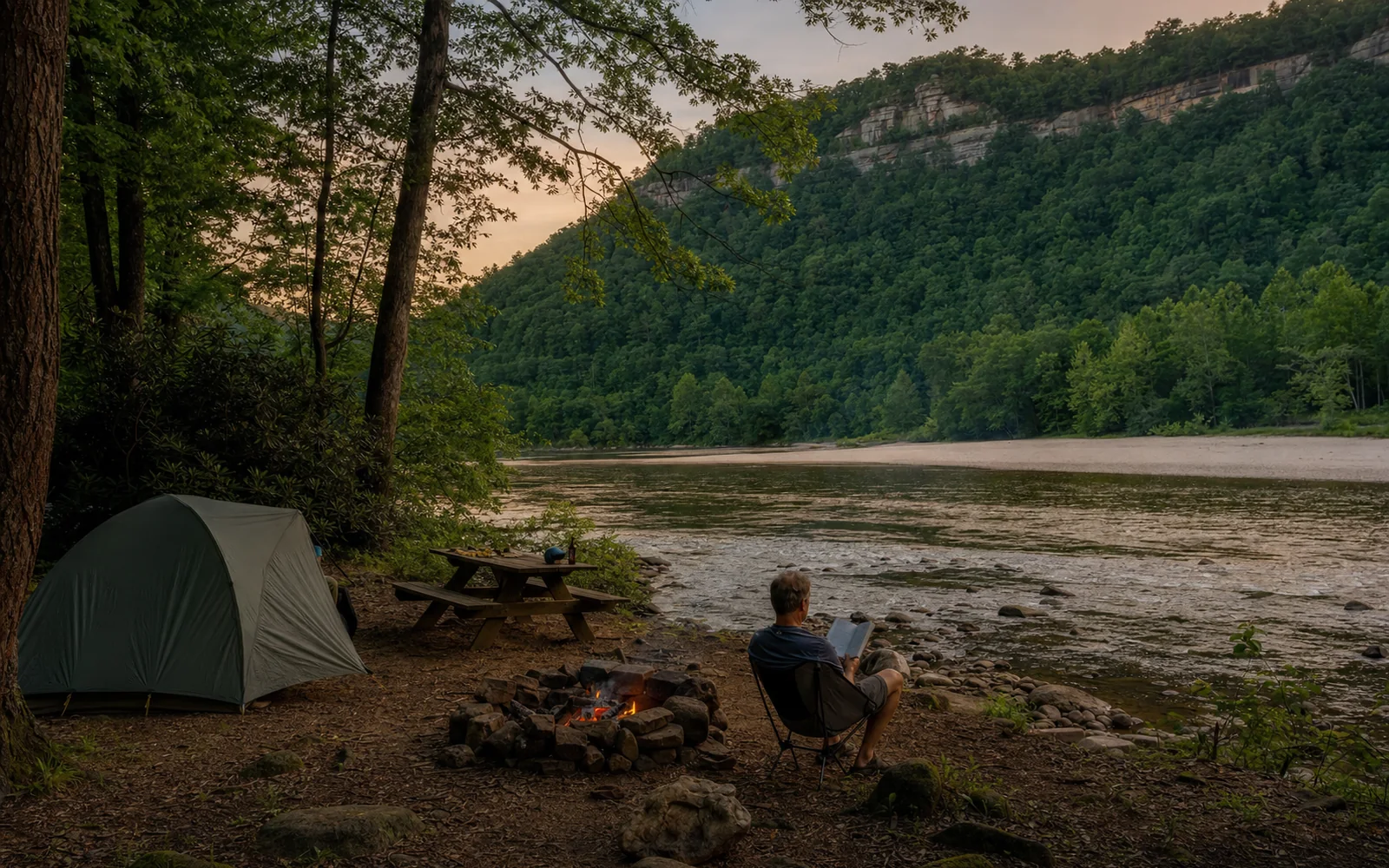 A single tent, a stone fire ring and a picnic table on a primitive riverside campsite, an adult reading in a camp chair with the river and a sandbar beyond, AI-generated illustration