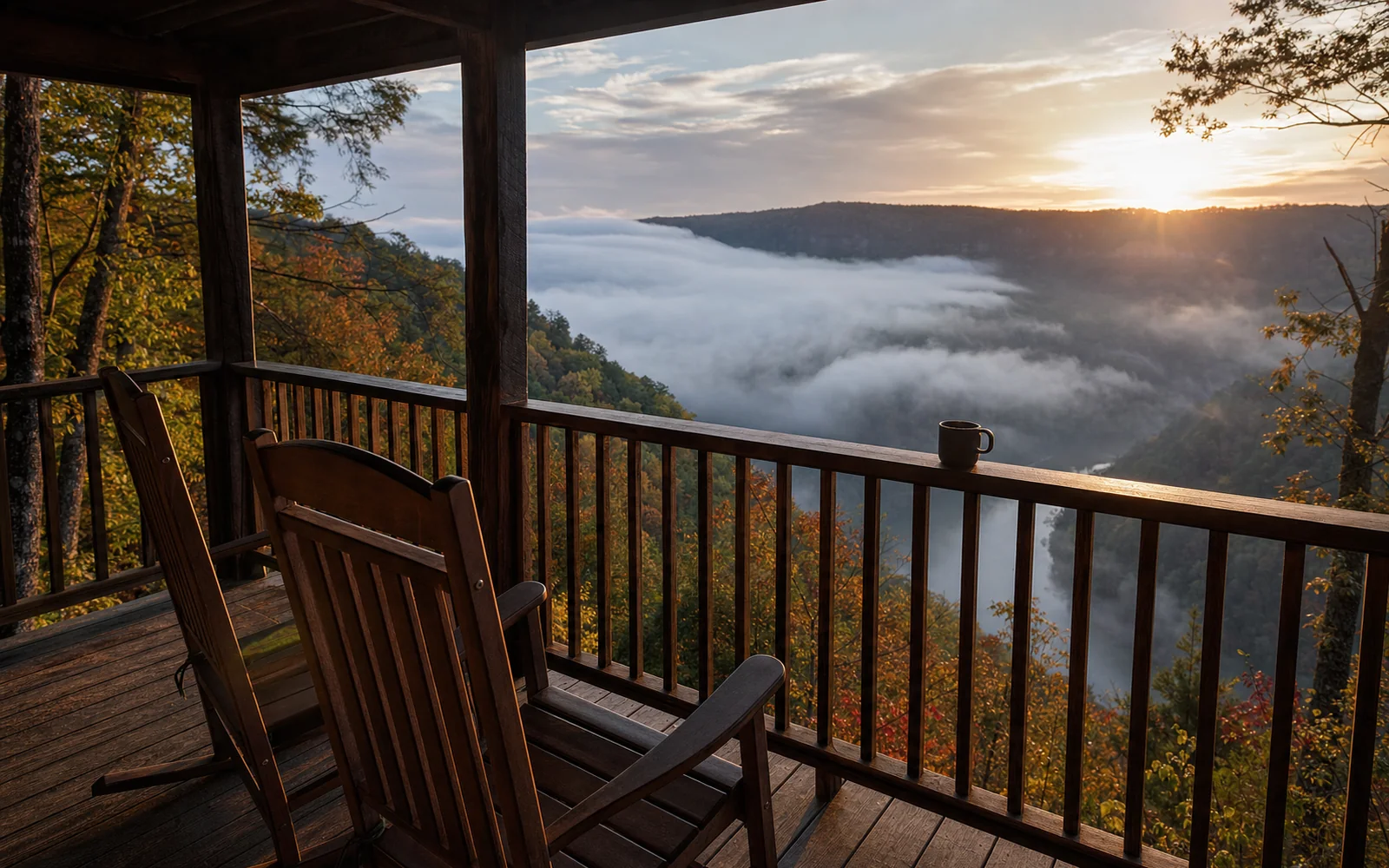 Two wooden rocking chairs on a timber cabin porch look out over morning fog filling a forested river gorge, a mug resting on the rail, AI-generated illustration