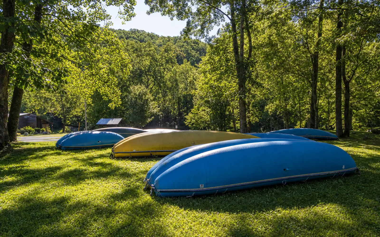 Rafts drying upside-down on a grassy yard at an outfitter's base, AI-generated illustration